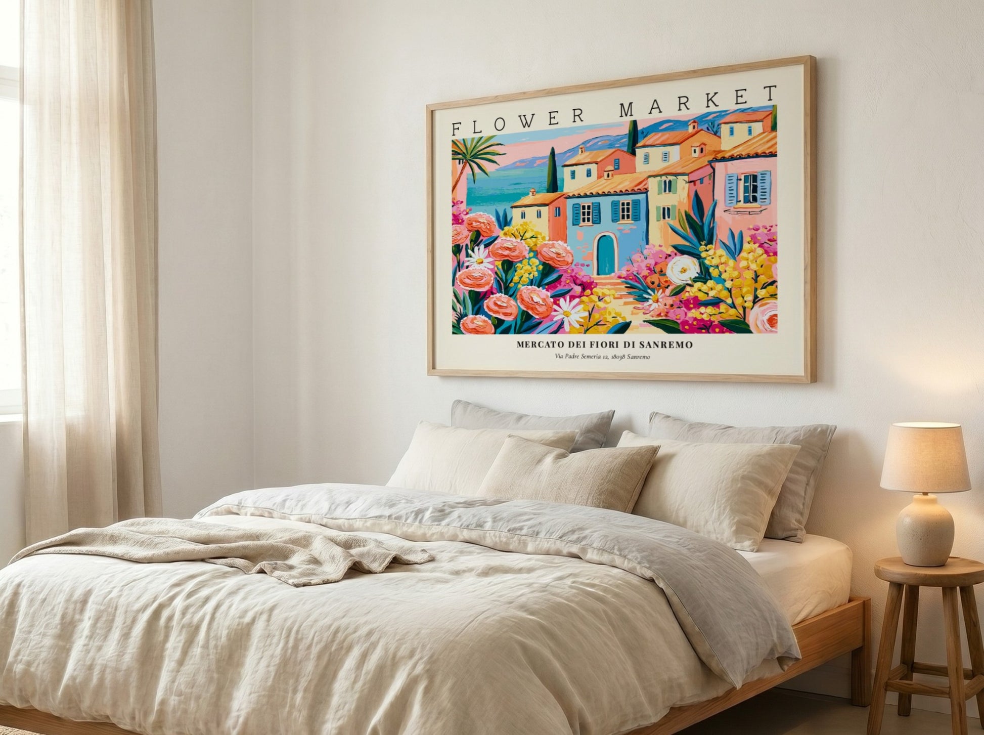 Flower market poster featuring colorful blooms and Sanremo architecture