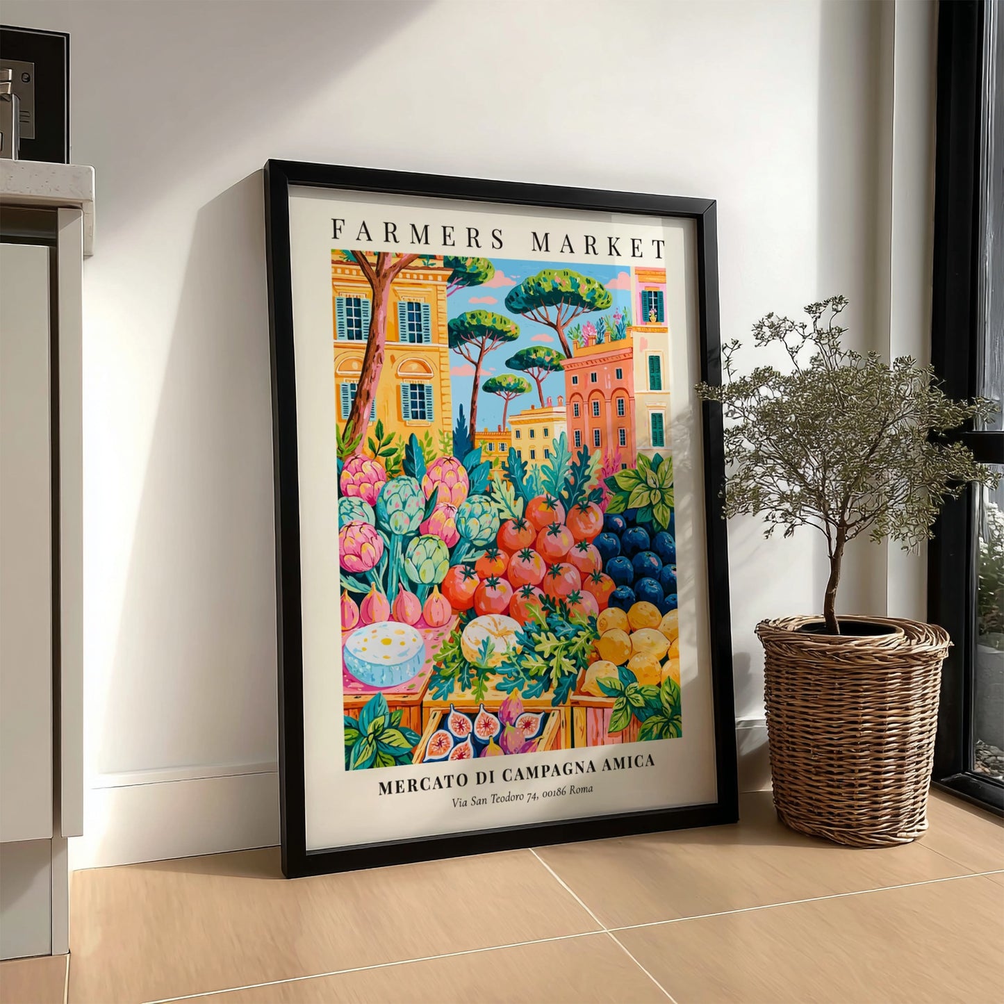 Farmers market poster featuring colorful fruits and vegetables with Roman architecture in the background.