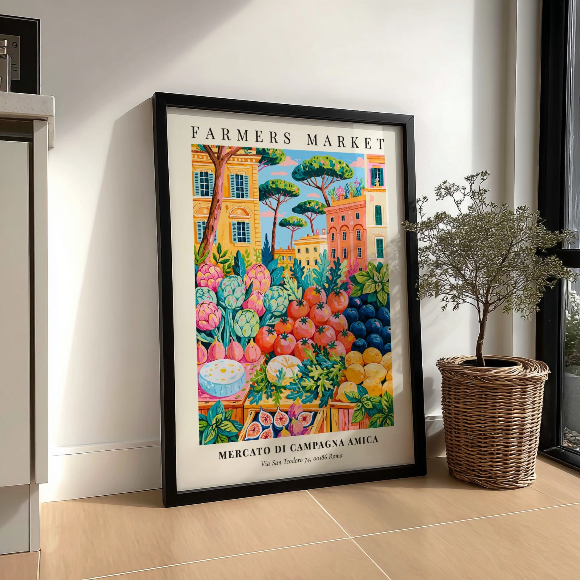 Farmers market poster featuring colorful fruits and vegetables with Roman architecture in the background.