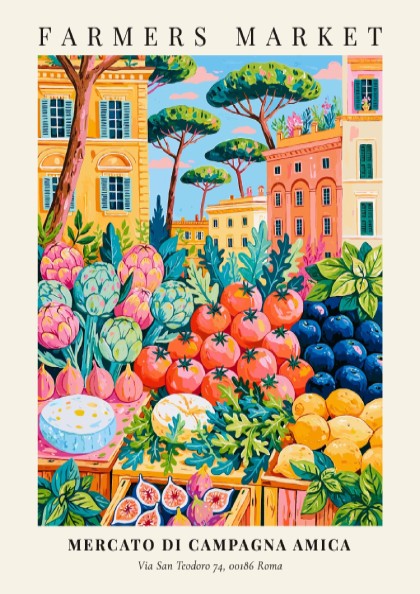 Farmers market poster featuring colorful fruits and vegetables with Roman architecture in the background.