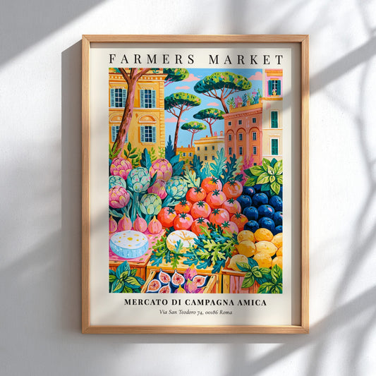 Farmers market poster featuring colorful fruits and vegetables with Roman architecture in the background.