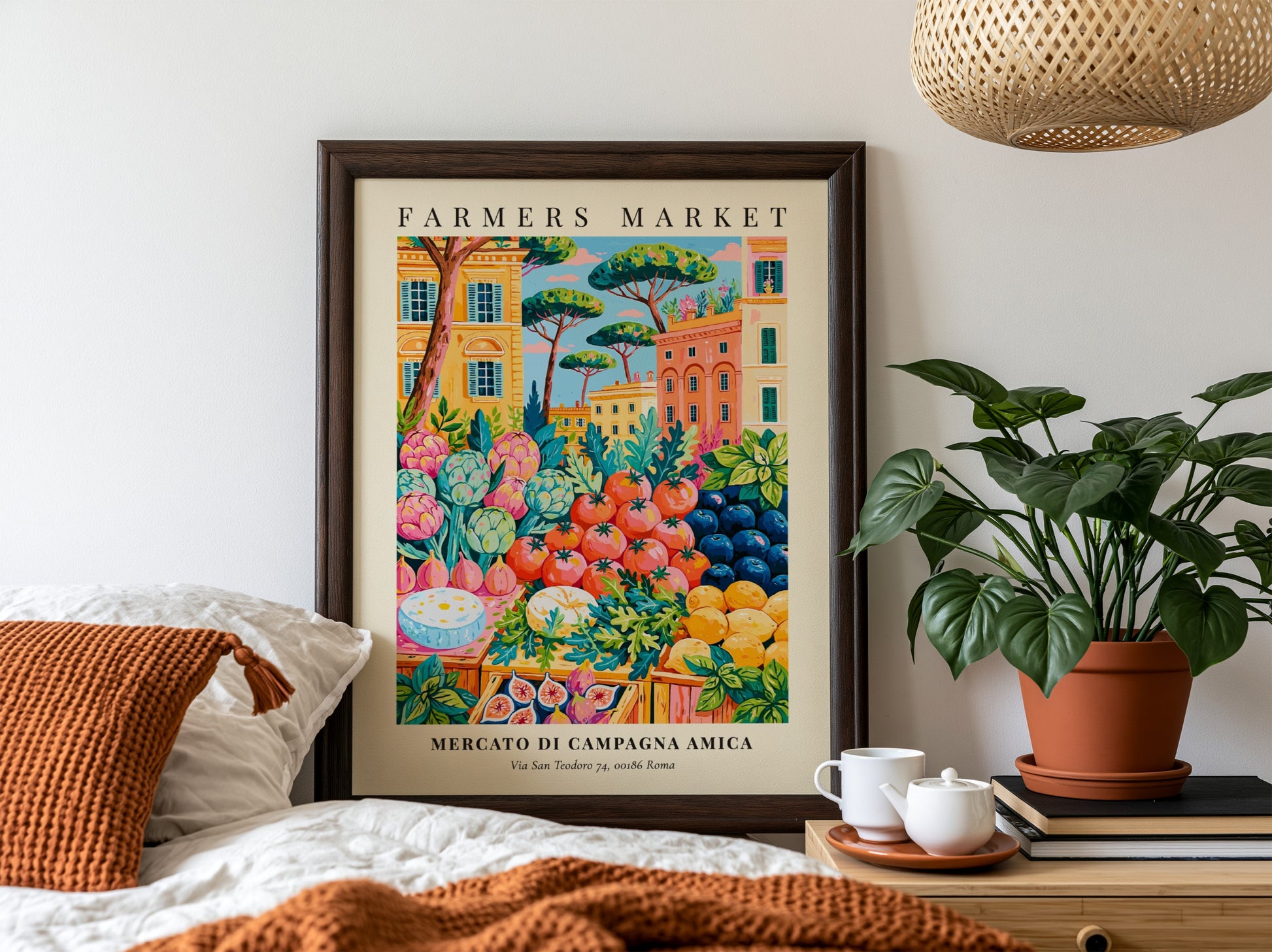 Farmers market poster featuring colorful fruits and vegetables with Roman architecture in the background.