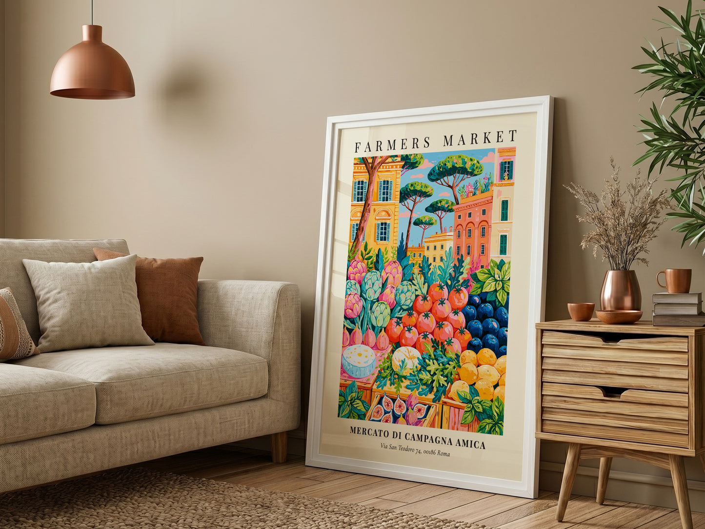 Farmers market poster featuring colorful fruits and vegetables with Roman architecture in the background.