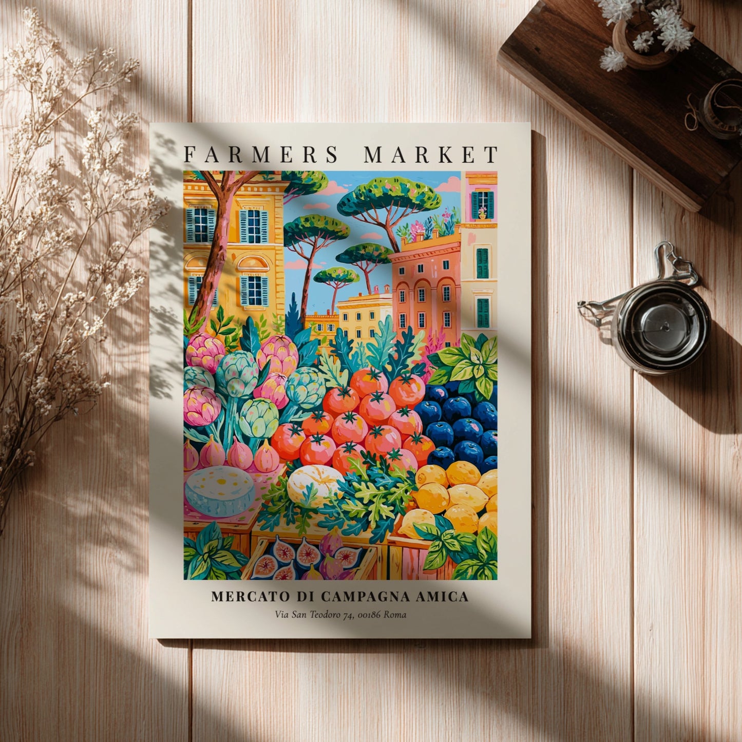 Farmers market poster featuring colorful fruits and vegetables with Roman architecture in the background.