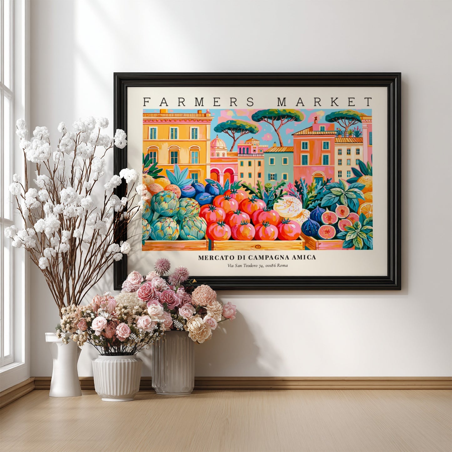 Farmers market poster featuring vibrant colors and fresh produce in an Italian setting