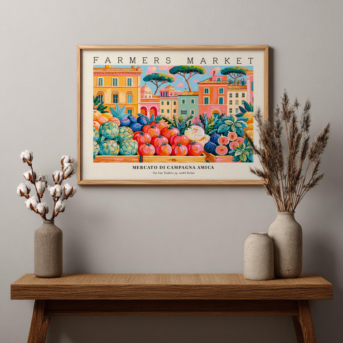 Farmers market poster featuring vibrant colors and fresh produce in an Italian setting
