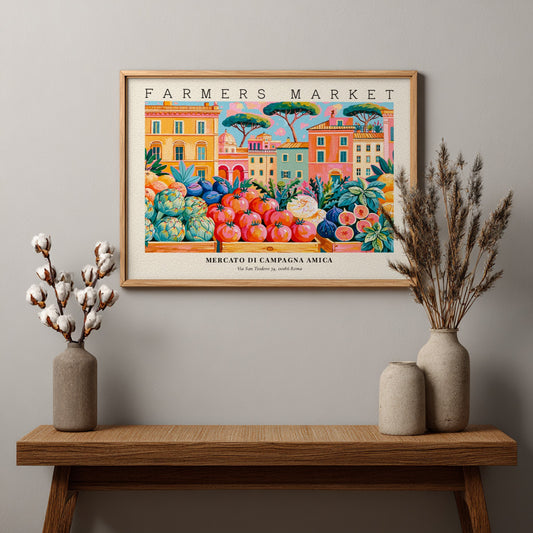 Farmers market poster featuring vibrant colors and fresh produce in an Italian setting