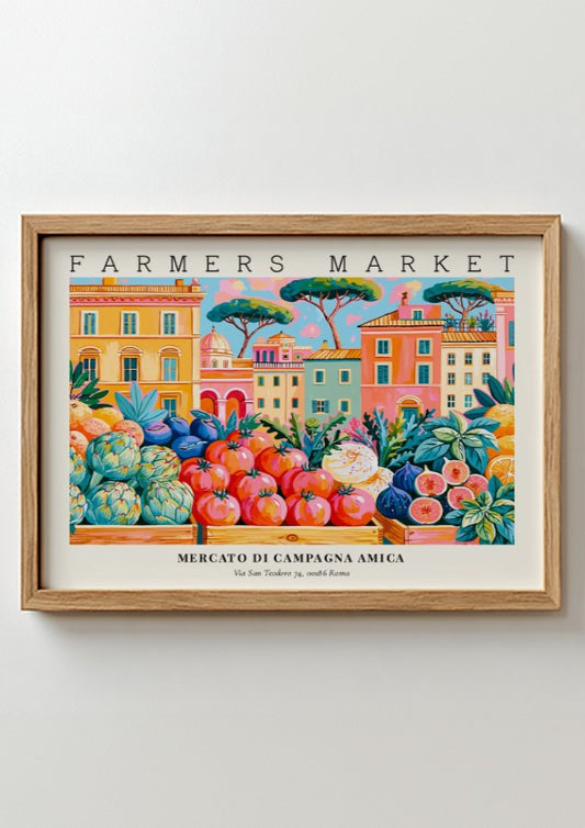 Farmers market poster featuring vibrant colors and fresh produce in an Italian setting