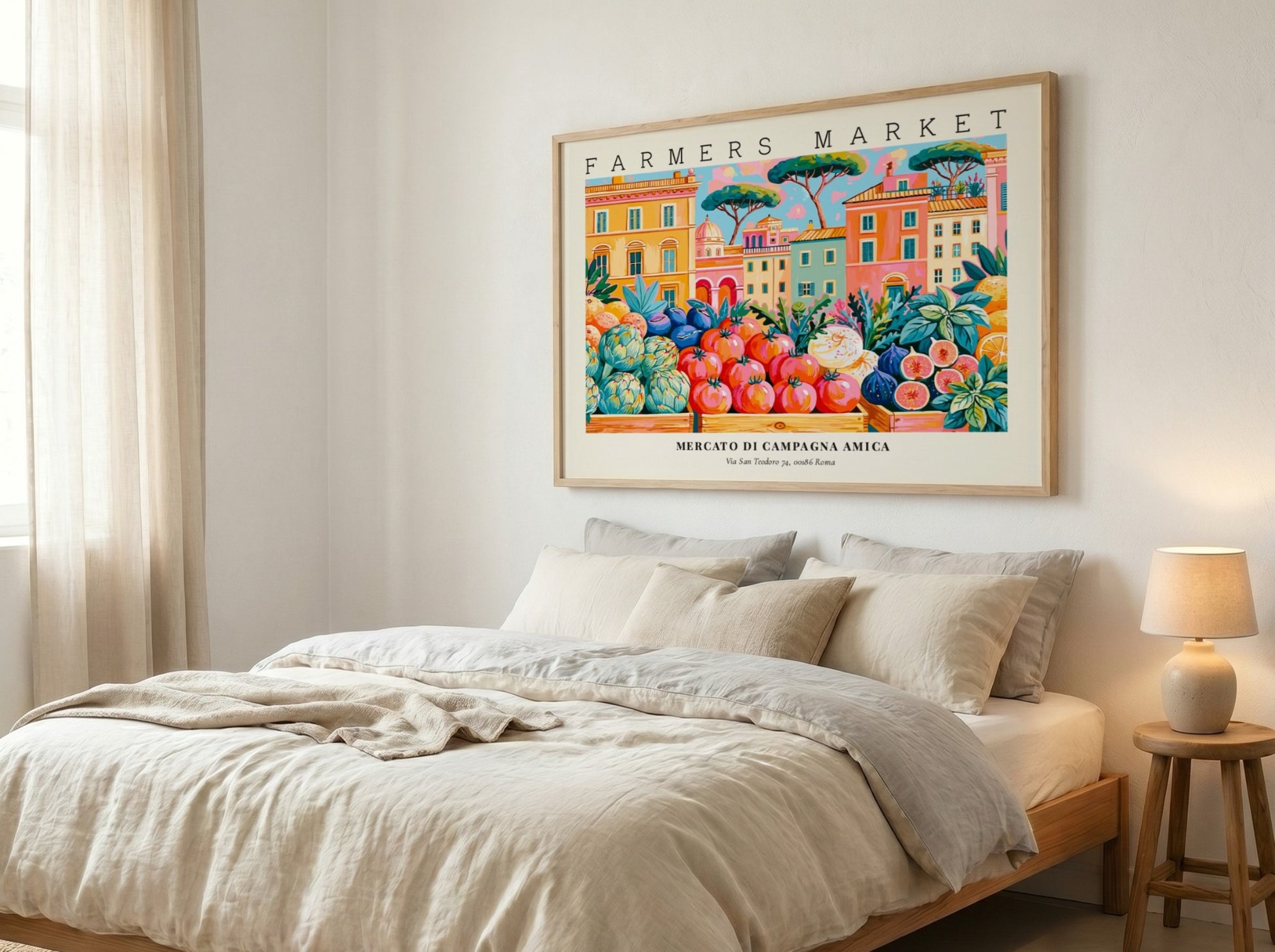 Farmers market poster featuring vibrant colors and fresh produce in an Italian setting