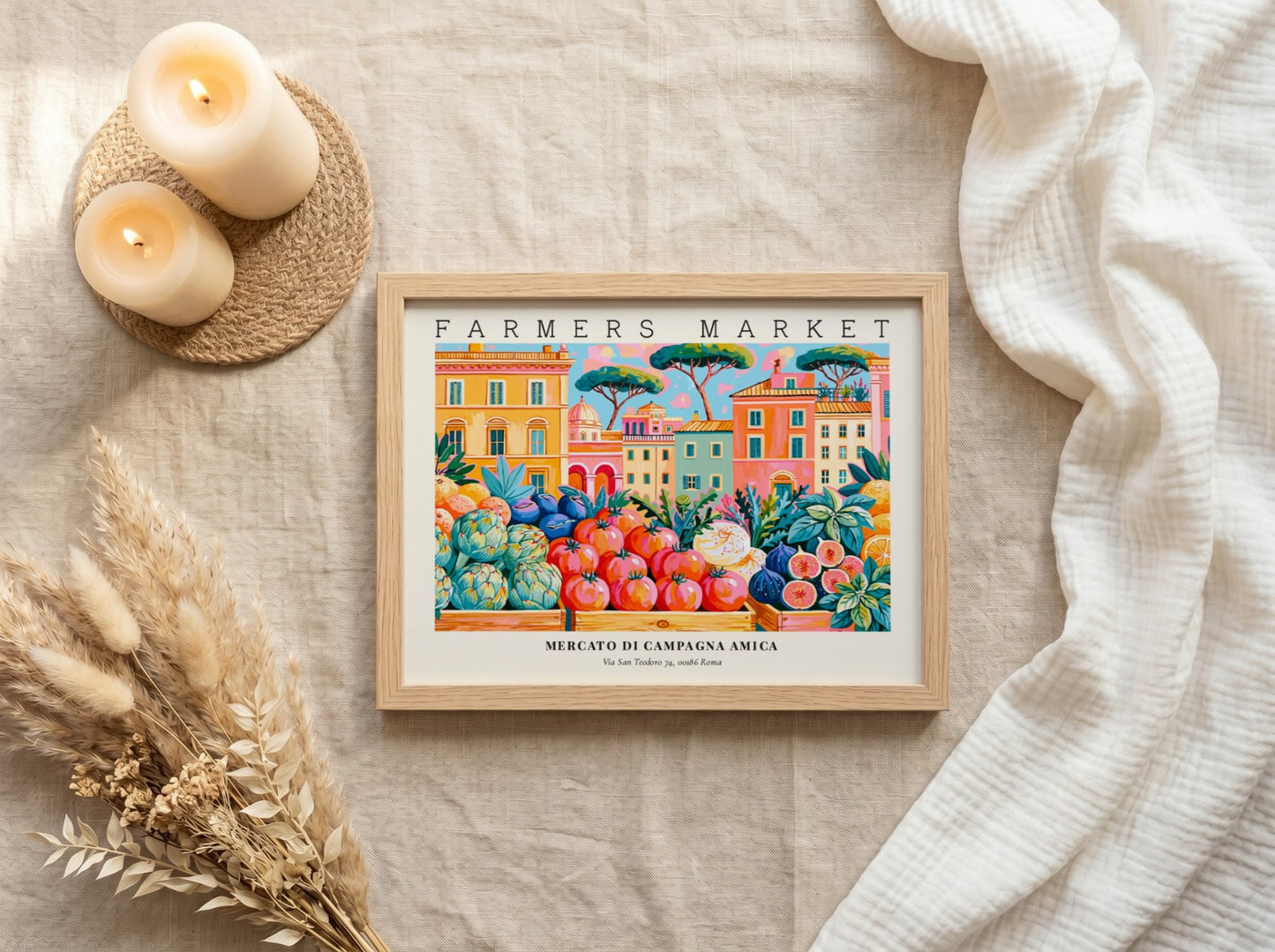 Farmers market poster featuring vibrant colors and fresh produce in an Italian setting