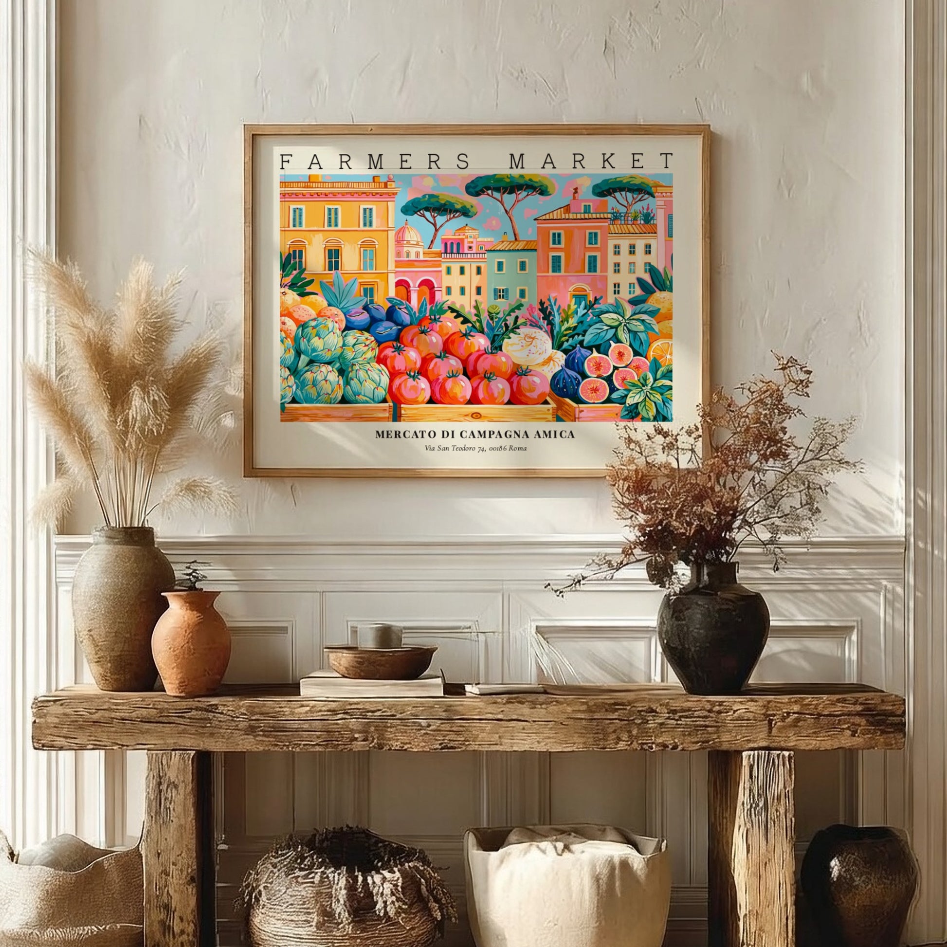 Farmers market poster featuring vibrant colors and fresh produce in an Italian setting