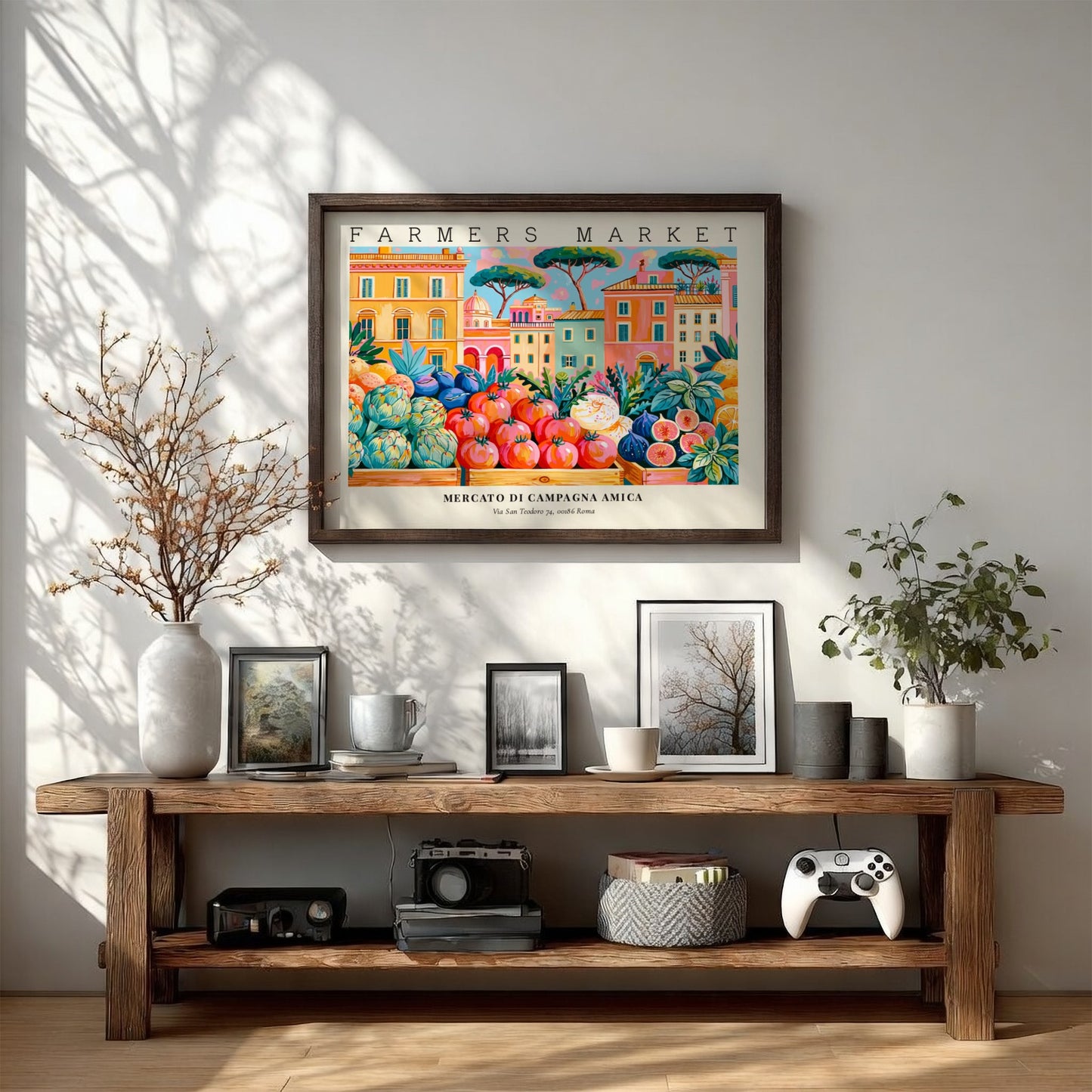 Farmers market poster featuring vibrant colors and fresh produce in an Italian setting