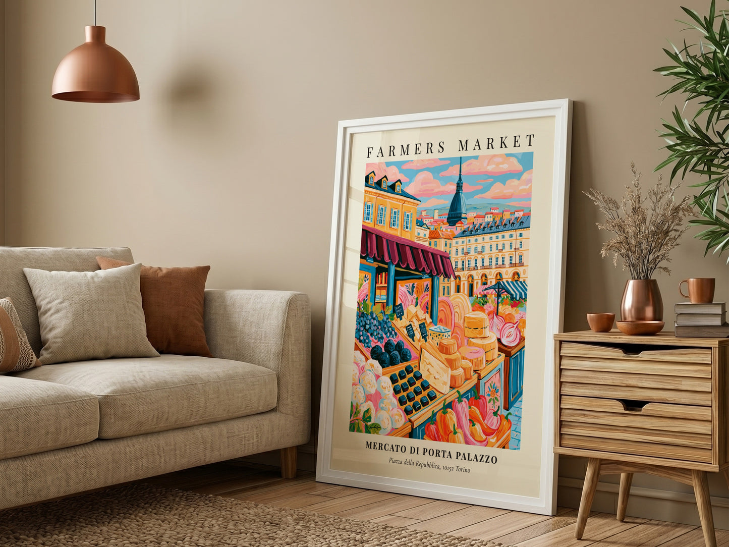 Mercato di Porta Palazzo poster featuring colorful produce and market scene in Torino