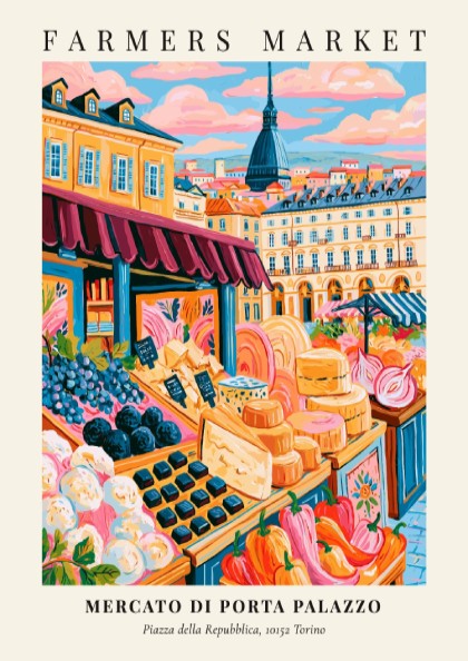 Mercato di Porta Palazzo poster featuring colorful produce and market scene in Torino