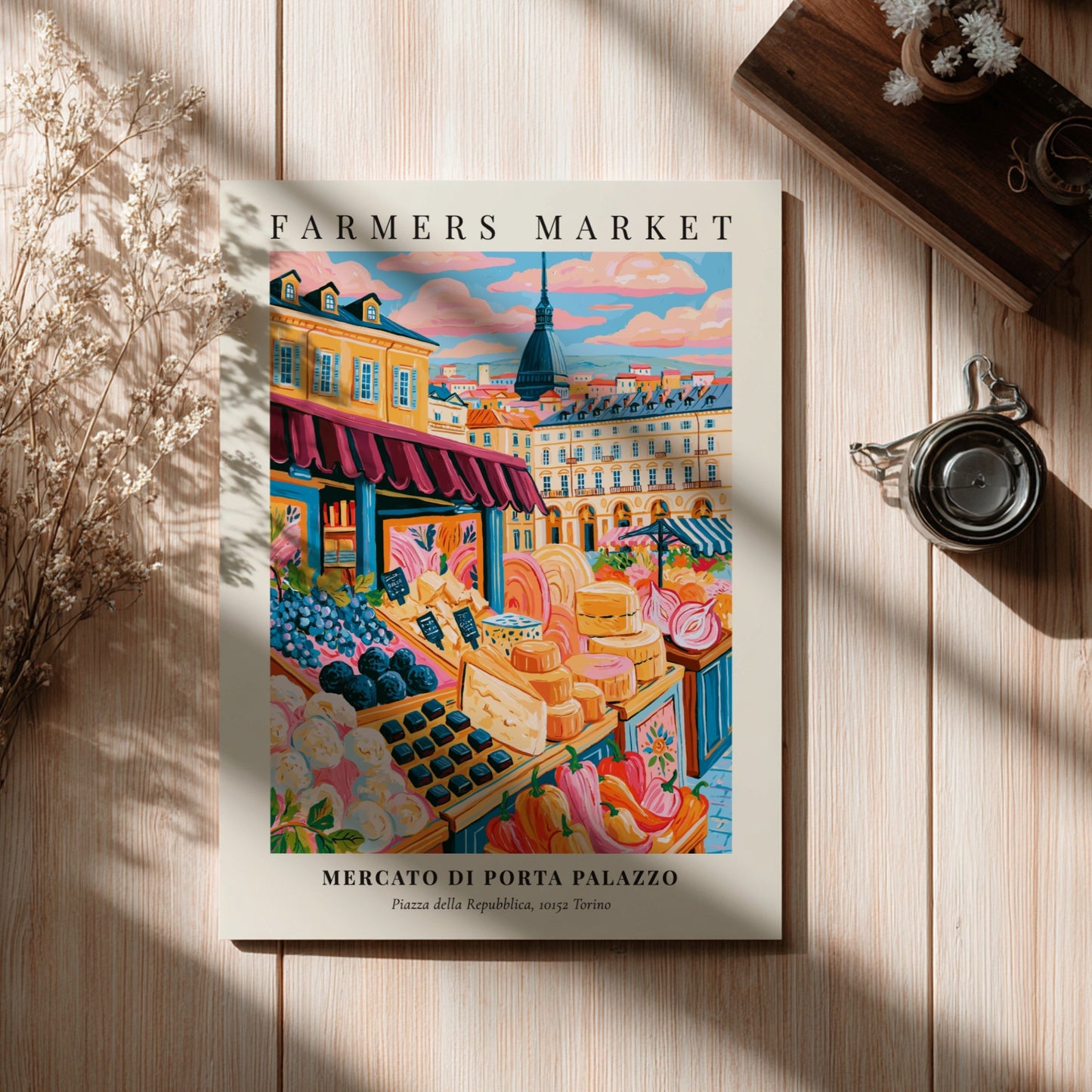 Mercato di Porta Palazzo poster featuring colorful produce and market scene in Torino