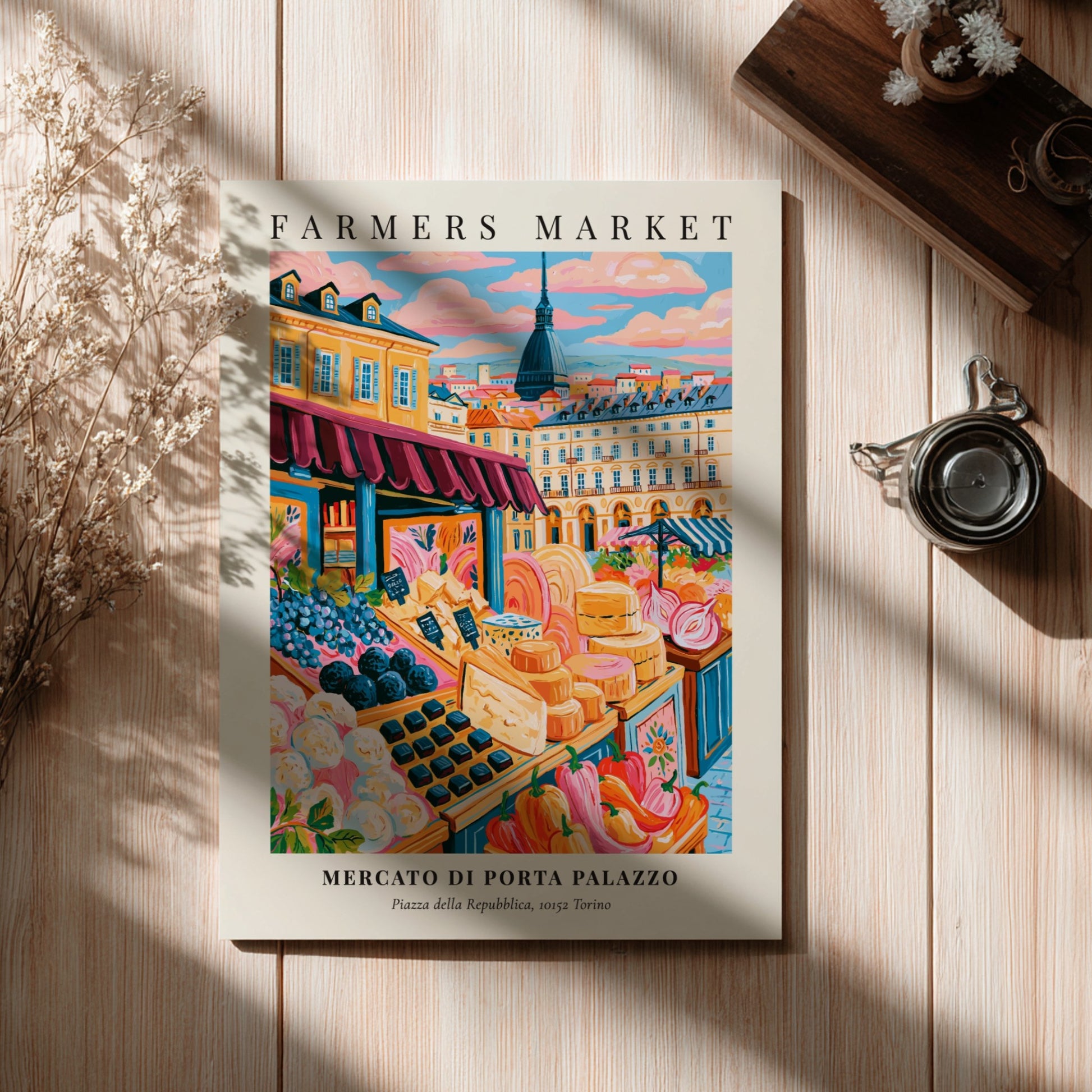 Mercato di Porta Palazzo poster featuring colorful produce and market scene in Torino