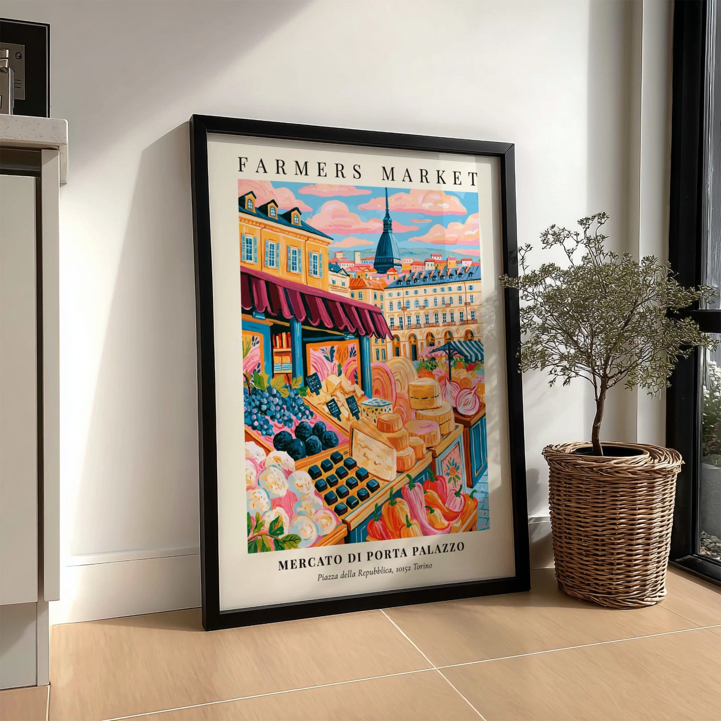 Mercato di Porta Palazzo poster featuring colorful produce and market scene in Torino
