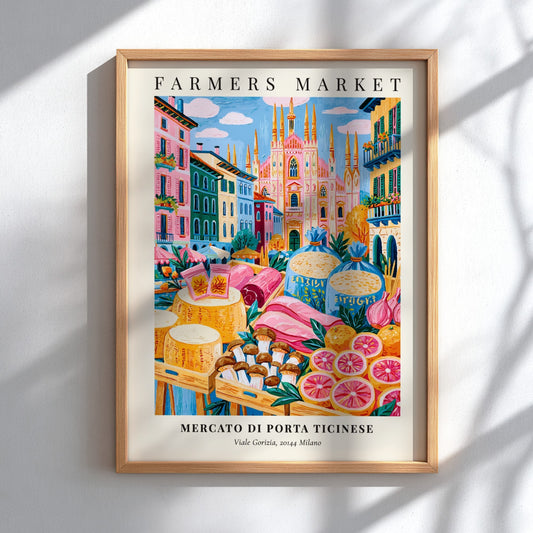 Mercato di Porta Ticinese poster featuring vibrant colors and farmers market scene in Milan