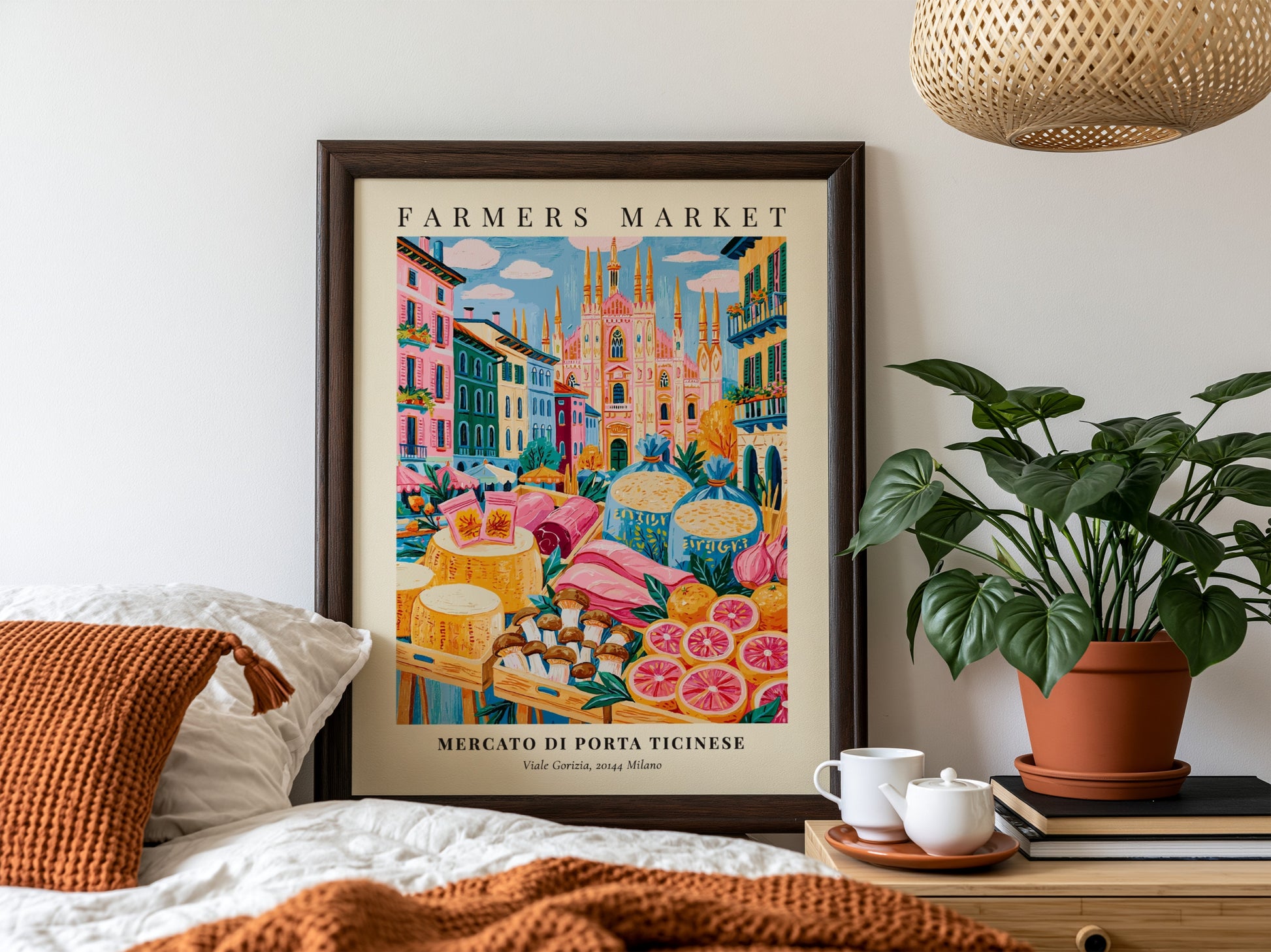 Mercato di Porta Ticinese poster featuring vibrant colors and farmers market scene in Milan