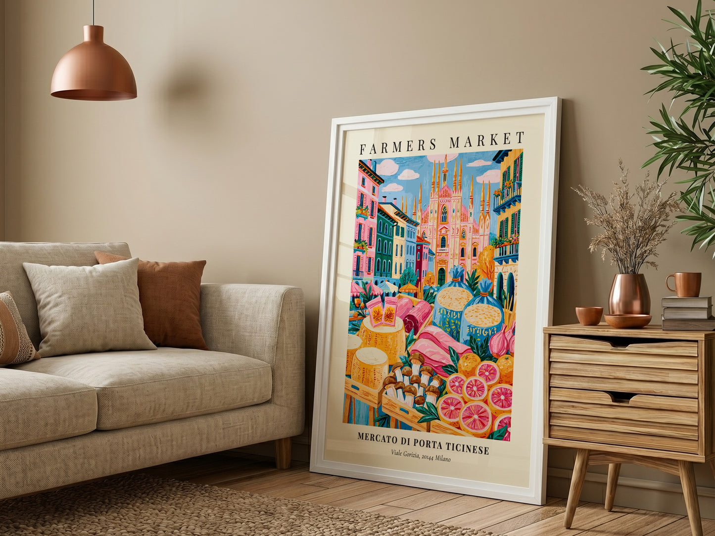 Mercato di Porta Ticinese poster featuring vibrant colors and farmers market scene in Milan
