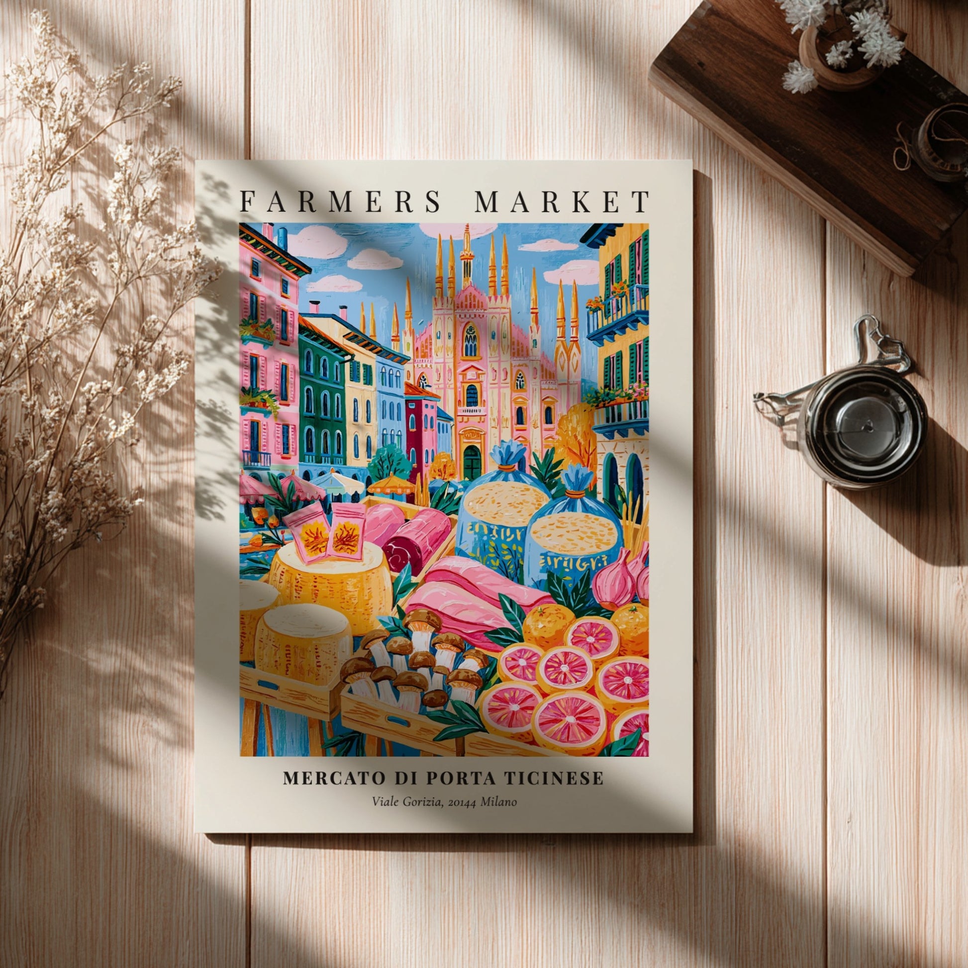 Mercato di Porta Ticinese poster featuring vibrant colors and farmers market scene in Milan