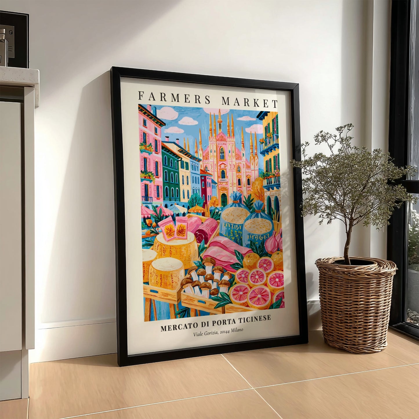 Mercato di Porta Ticinese poster featuring vibrant colors and farmers market scene in Milan