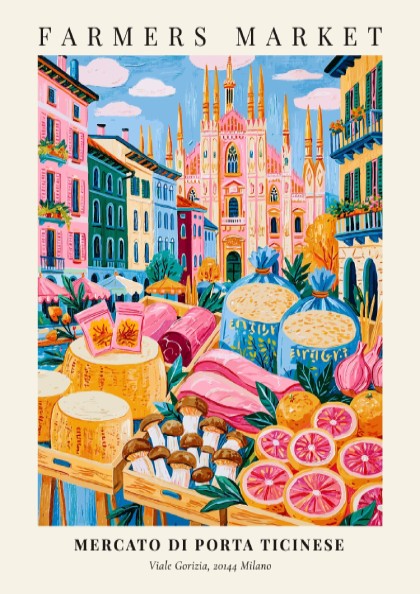 Mercato di Porta Ticinese poster featuring vibrant colors and farmers market scene in Milan