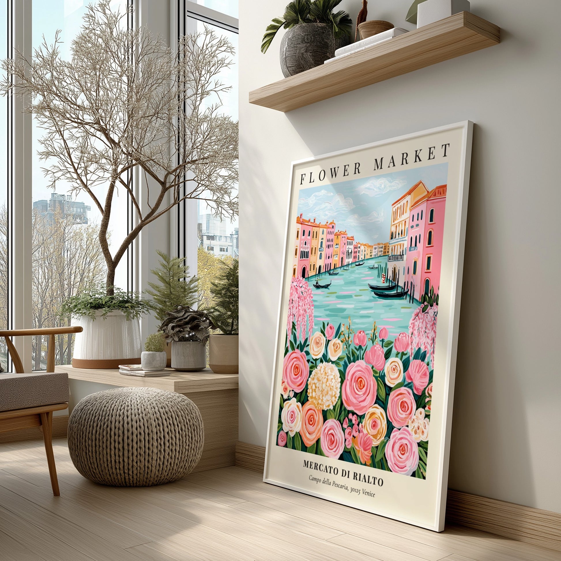 Flower market artwork featuring pink roses and Venetian canals in a whimsical style