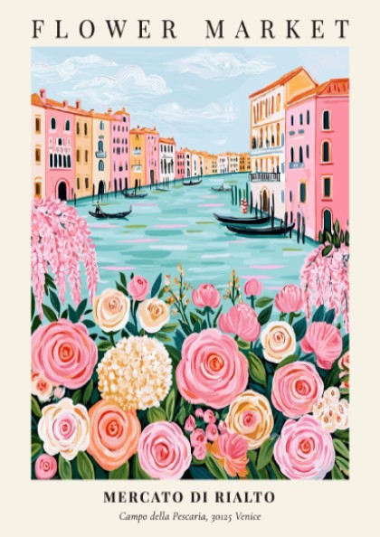 Flower market artwork featuring pink roses and Venetian canals in a whimsical style