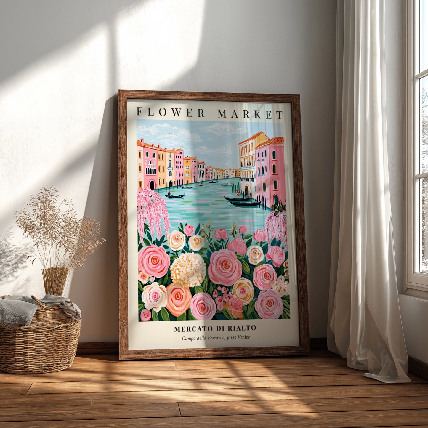 Flower market artwork featuring pink roses and Venetian canals in a whimsical style