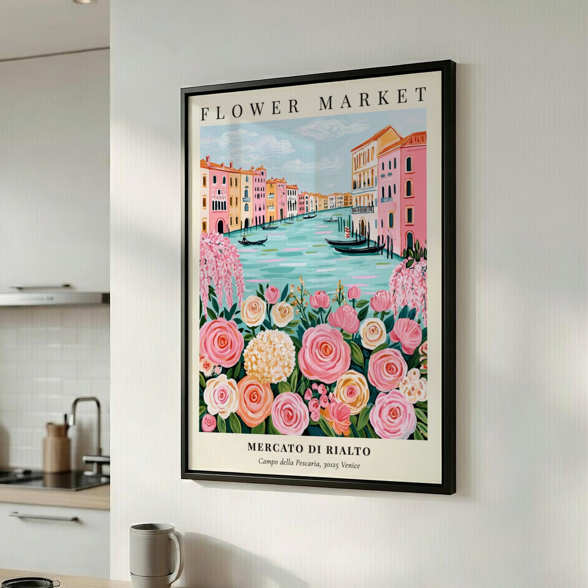 Flower market artwork featuring pink roses and Venetian canals in a whimsical style