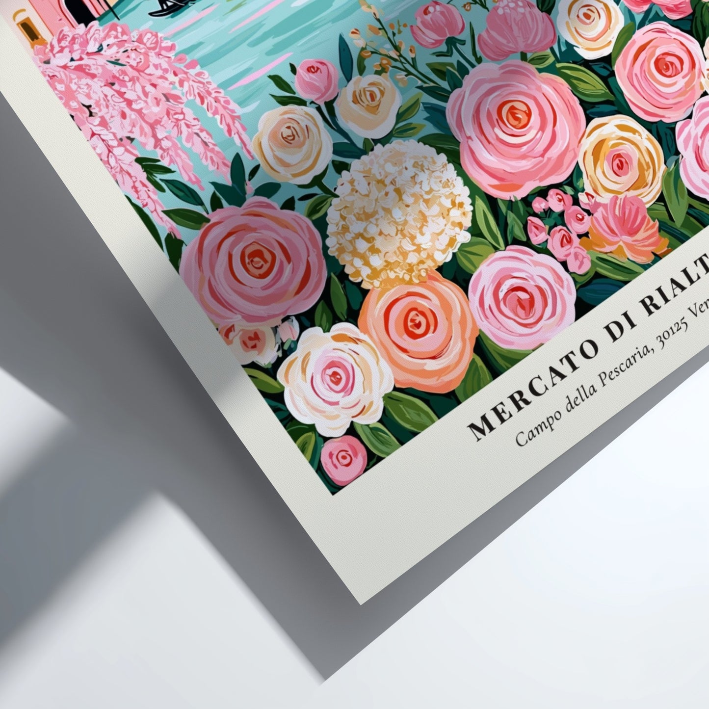 Flower market artwork featuring pink roses and Venetian canals in a whimsical style