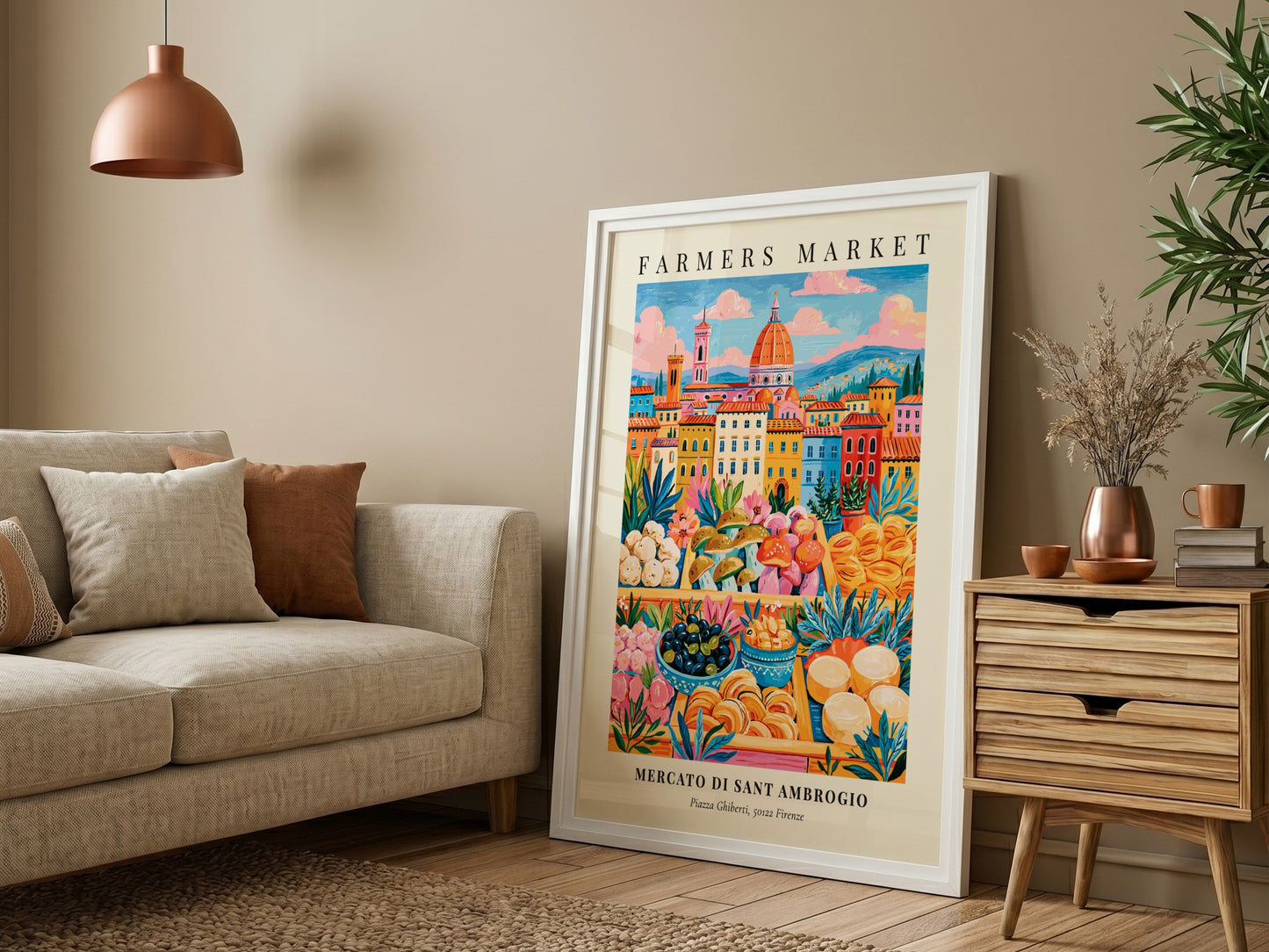 Mercato di Sant Ambrogio poster featuring colorful market scene and architecture in Florence