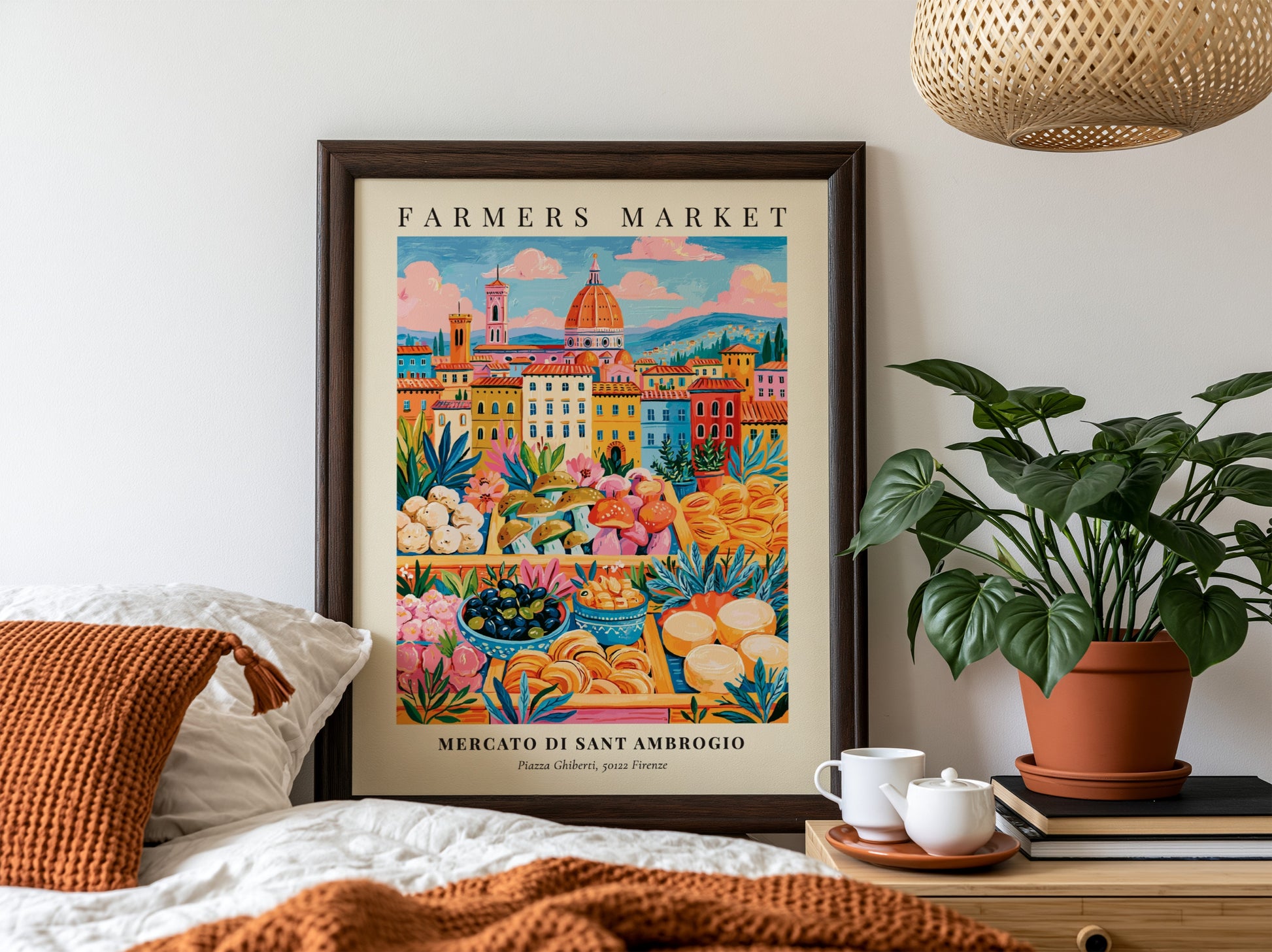 Mercato di Sant Ambrogio poster featuring colorful market scene and architecture in Florence