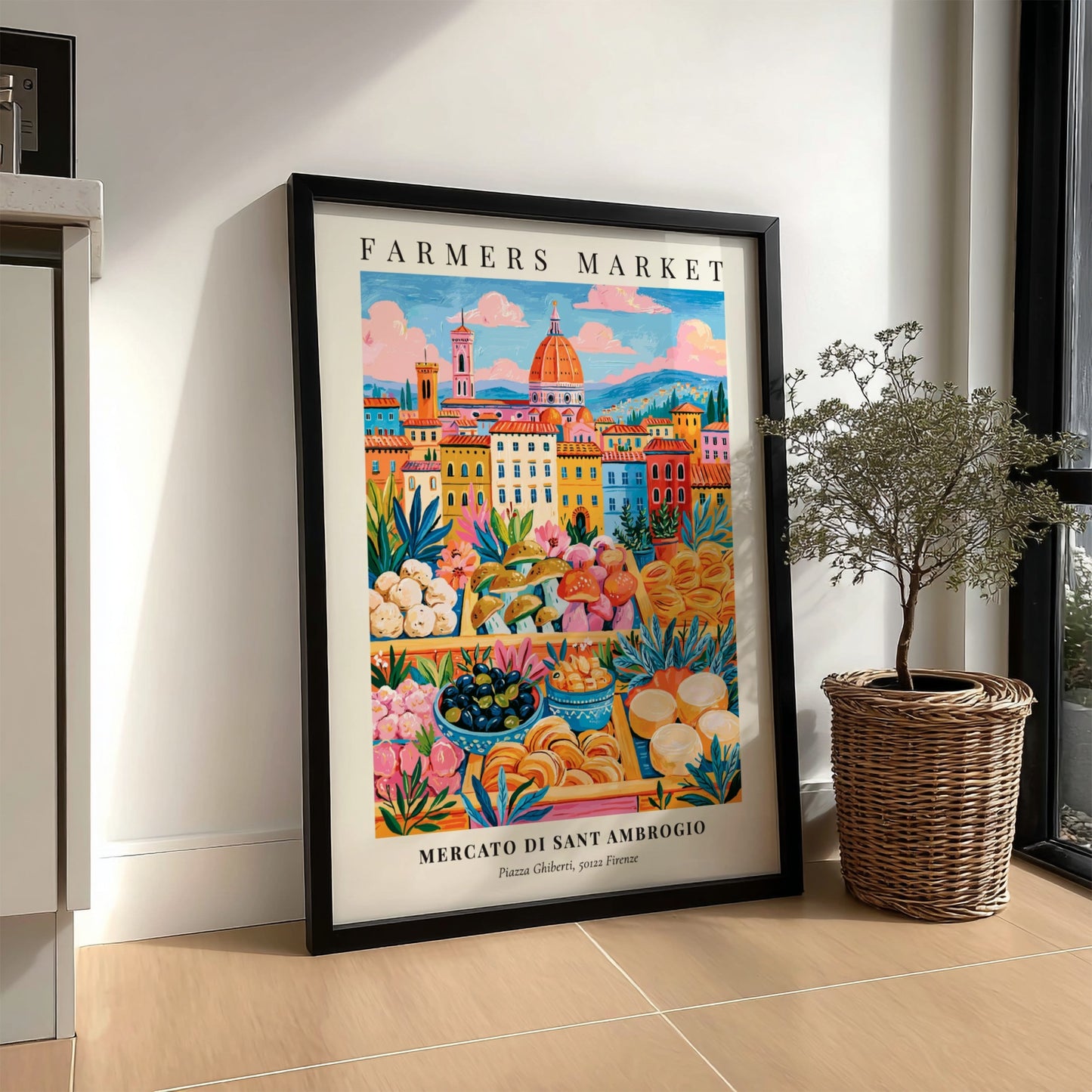 Mercato di Sant Ambrogio poster featuring colorful market scene and architecture in Florence