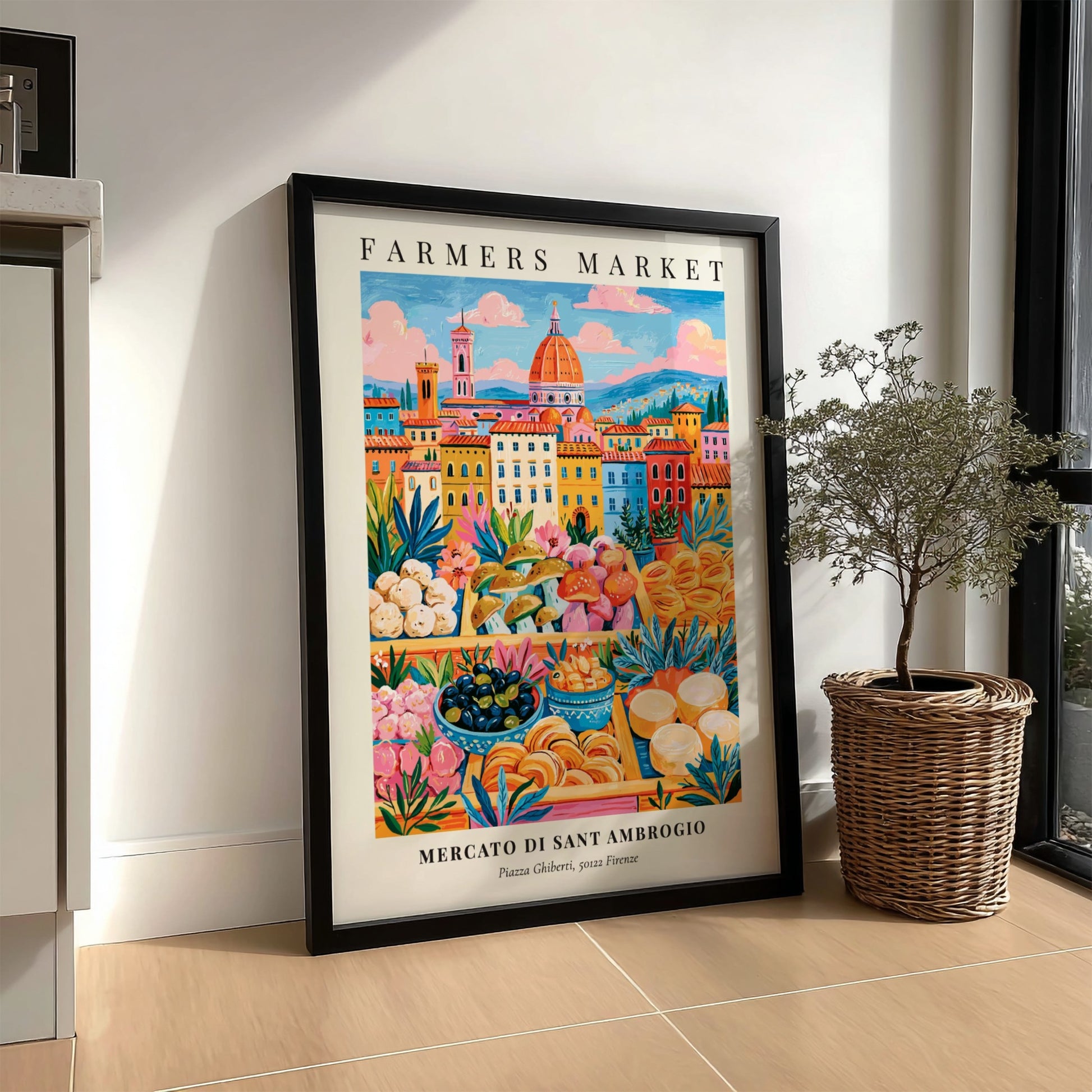 Mercato di Sant Ambrogio poster featuring colorful market scene and architecture in Florence