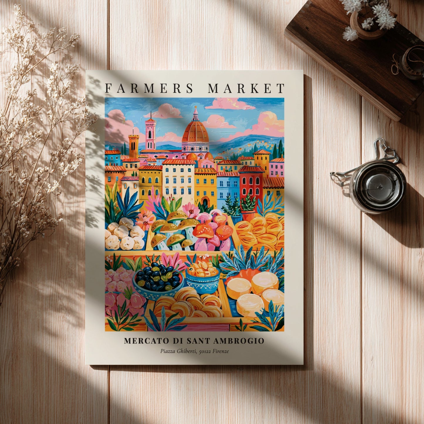 Mercato di Sant Ambrogio poster featuring colorful market scene and architecture in Florence