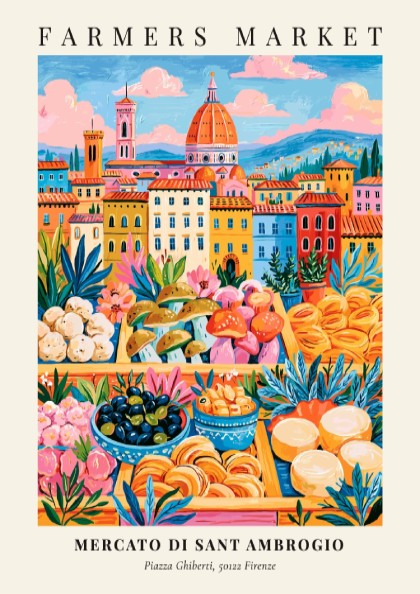 Mercato di Sant Ambrogio poster featuring colorful market scene and architecture in Florence