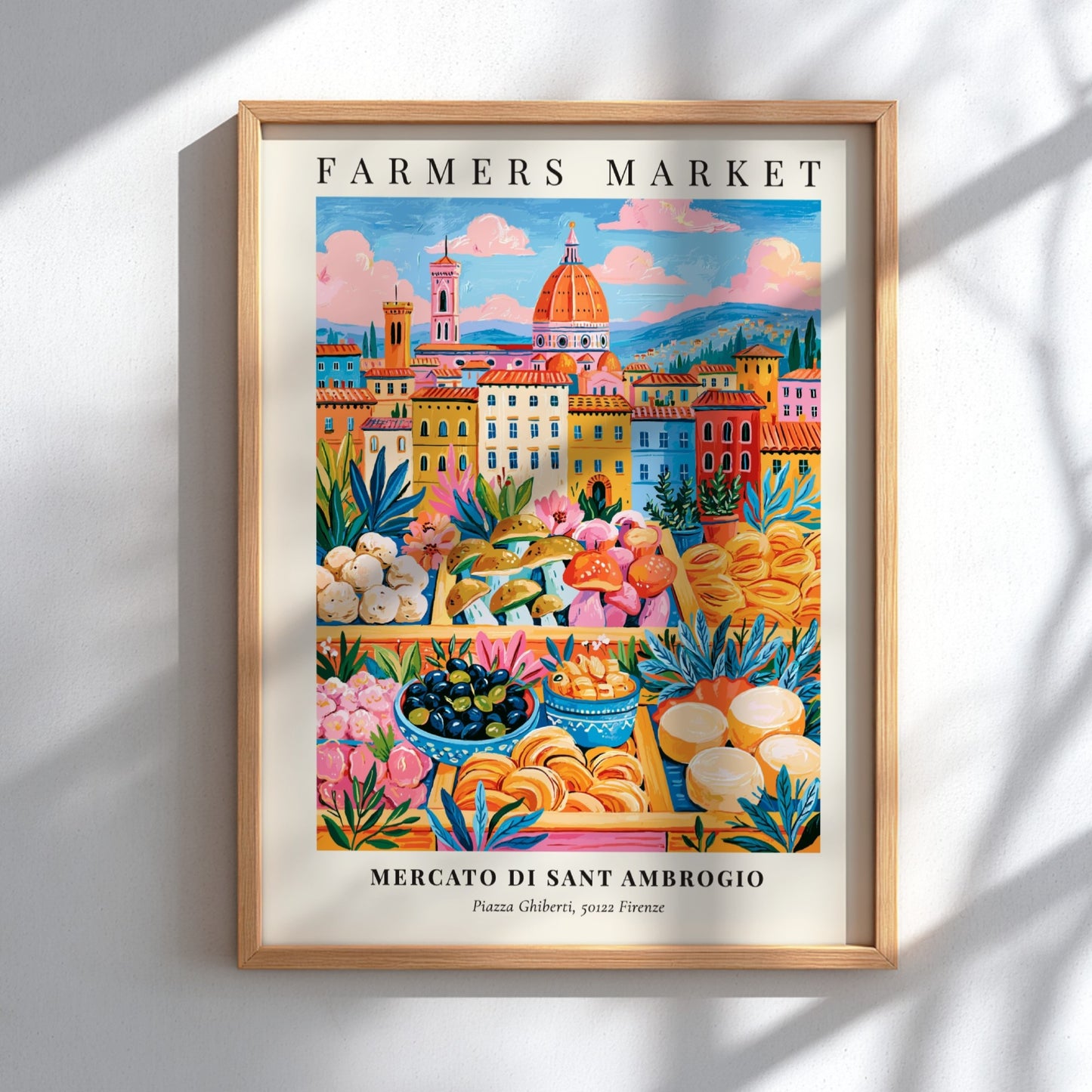 Mercato di Sant Ambrogio poster featuring colorful market scene and architecture in Florence