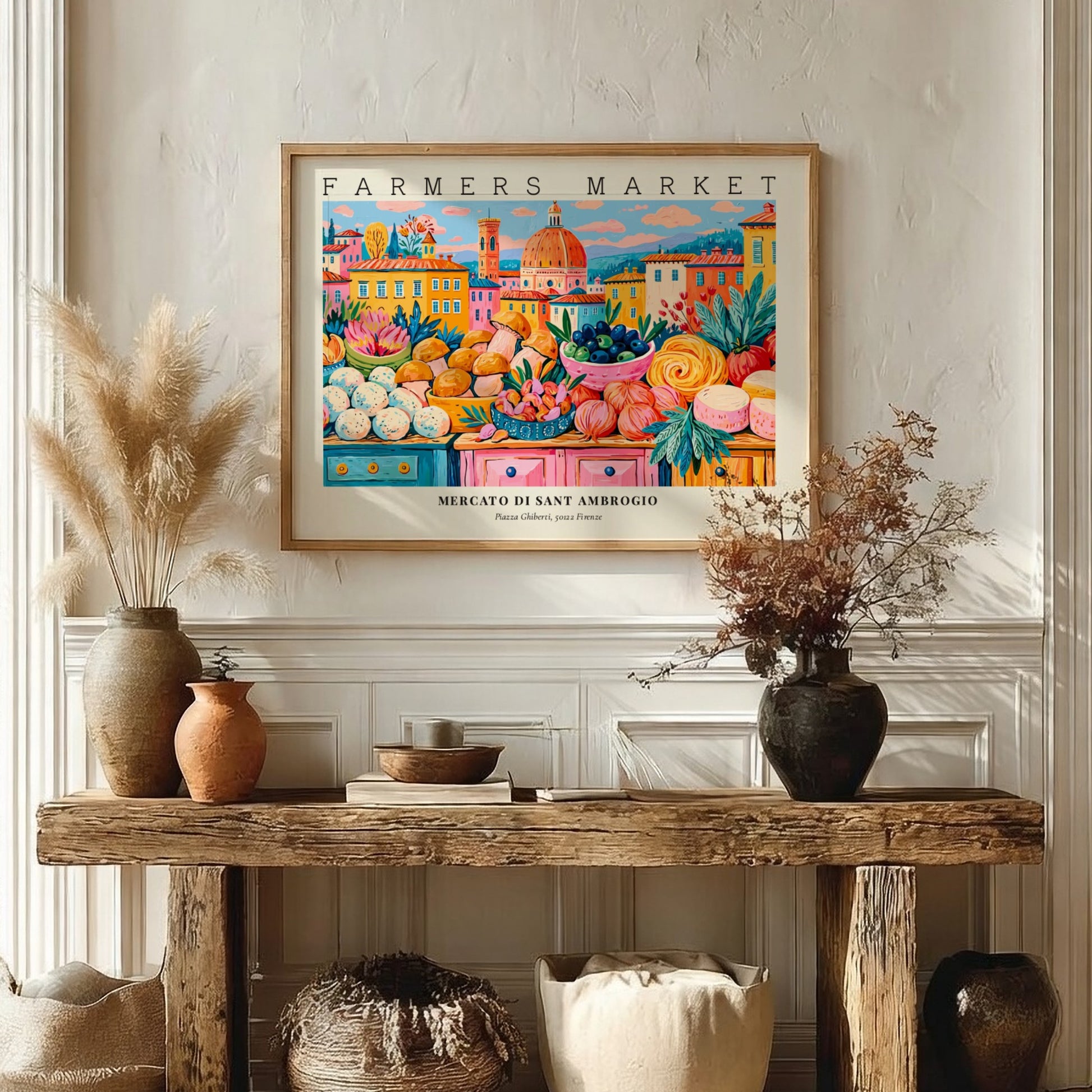 Farmers market poster showcasing colorful produce and flowers in a vibrant style, inspired by Mercato di Sant