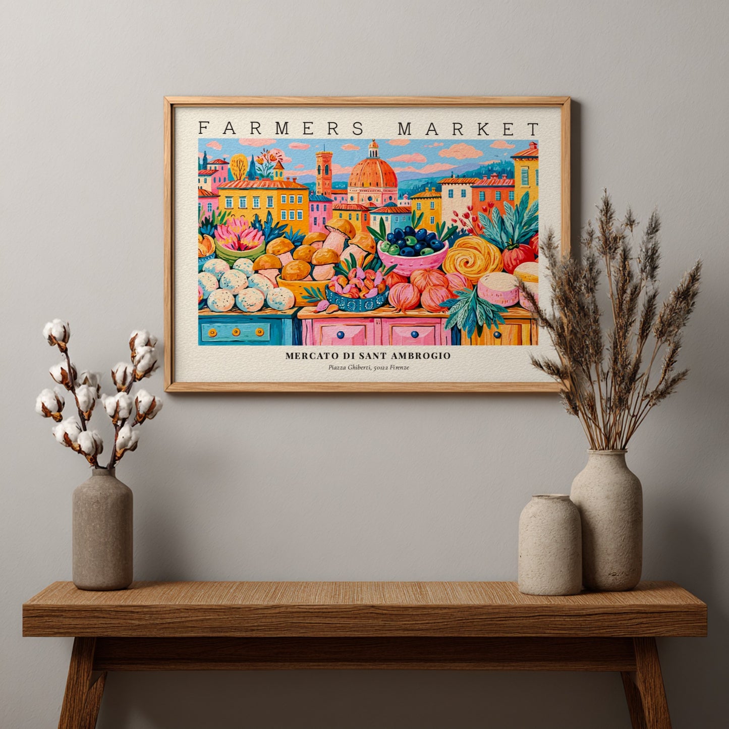Farmers market poster showcasing colorful produce and flowers in a vibrant style, inspired by Mercato di Sant