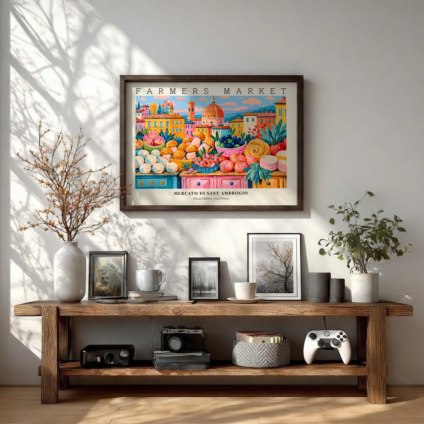 Farmers market poster showcasing colorful produce and flowers in a vibrant style, inspired by Mercato di Sant