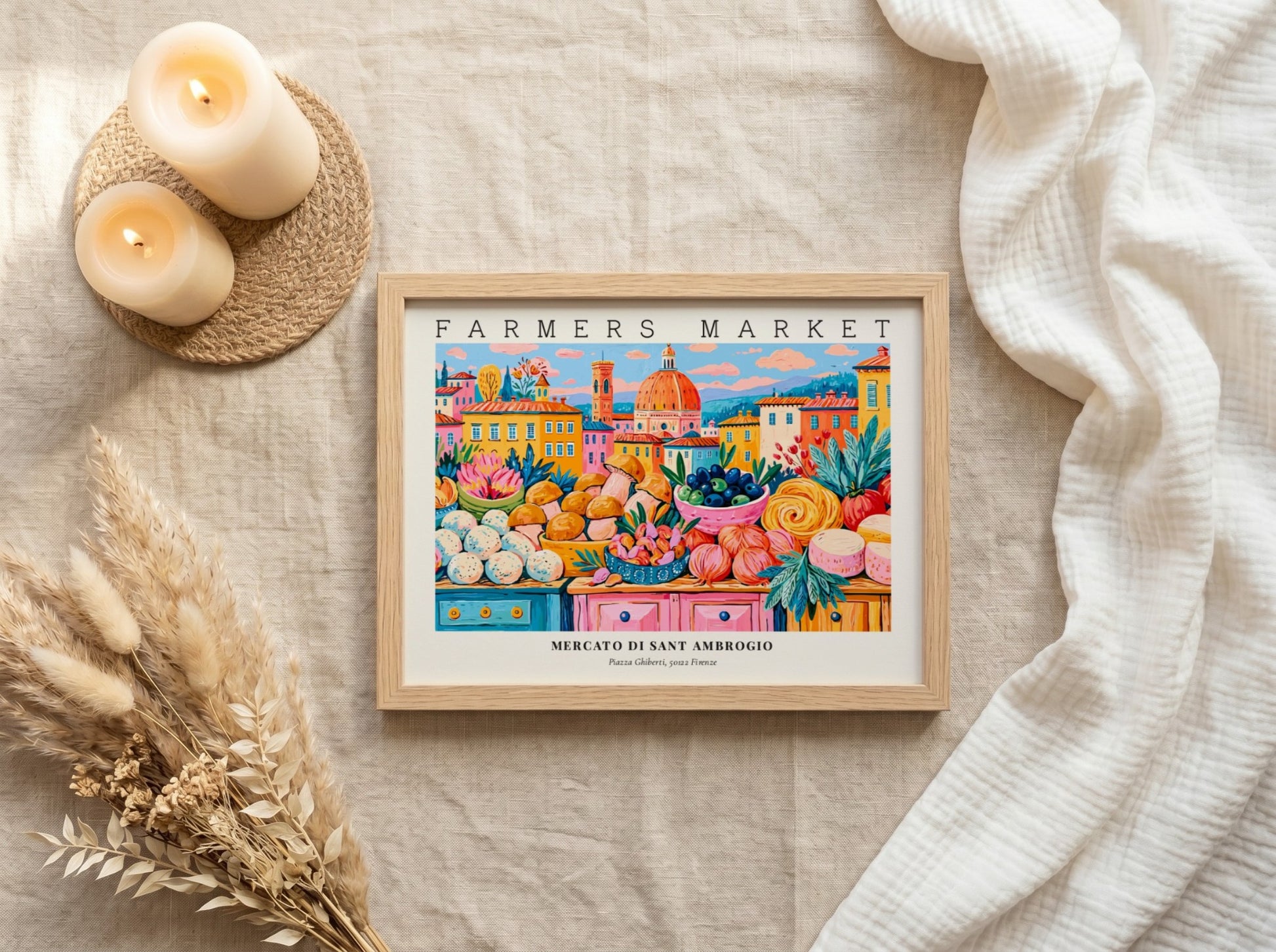 Farmers market poster showcasing colorful produce and flowers in a vibrant style, inspired by Mercato di Sant