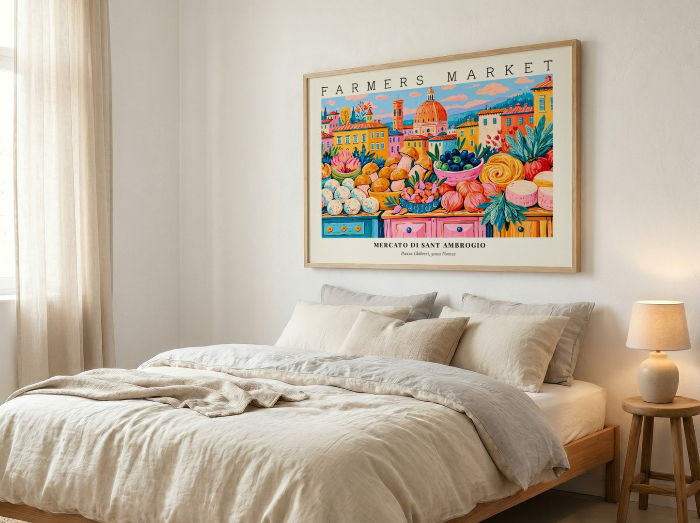 Farmers market poster showcasing colorful produce and flowers in a vibrant style, inspired by Mercato di Sant