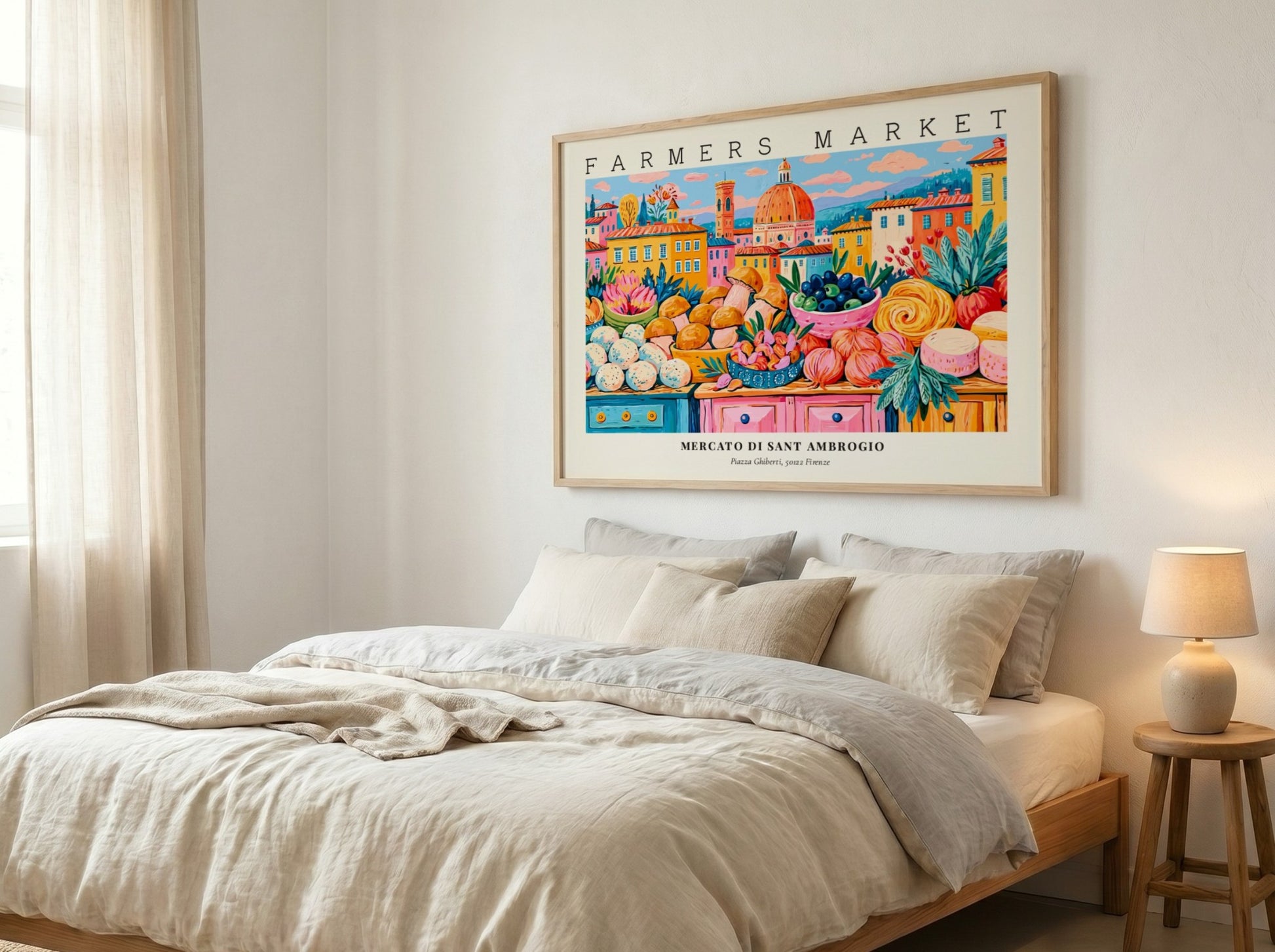 Farmers market poster showcasing colorful produce and flowers in a vibrant style, inspired by Mercato di Sant