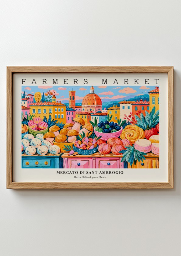 Farmers market poster showcasing colorful produce and flowers in a vibrant style, inspired by Mercato di Sant