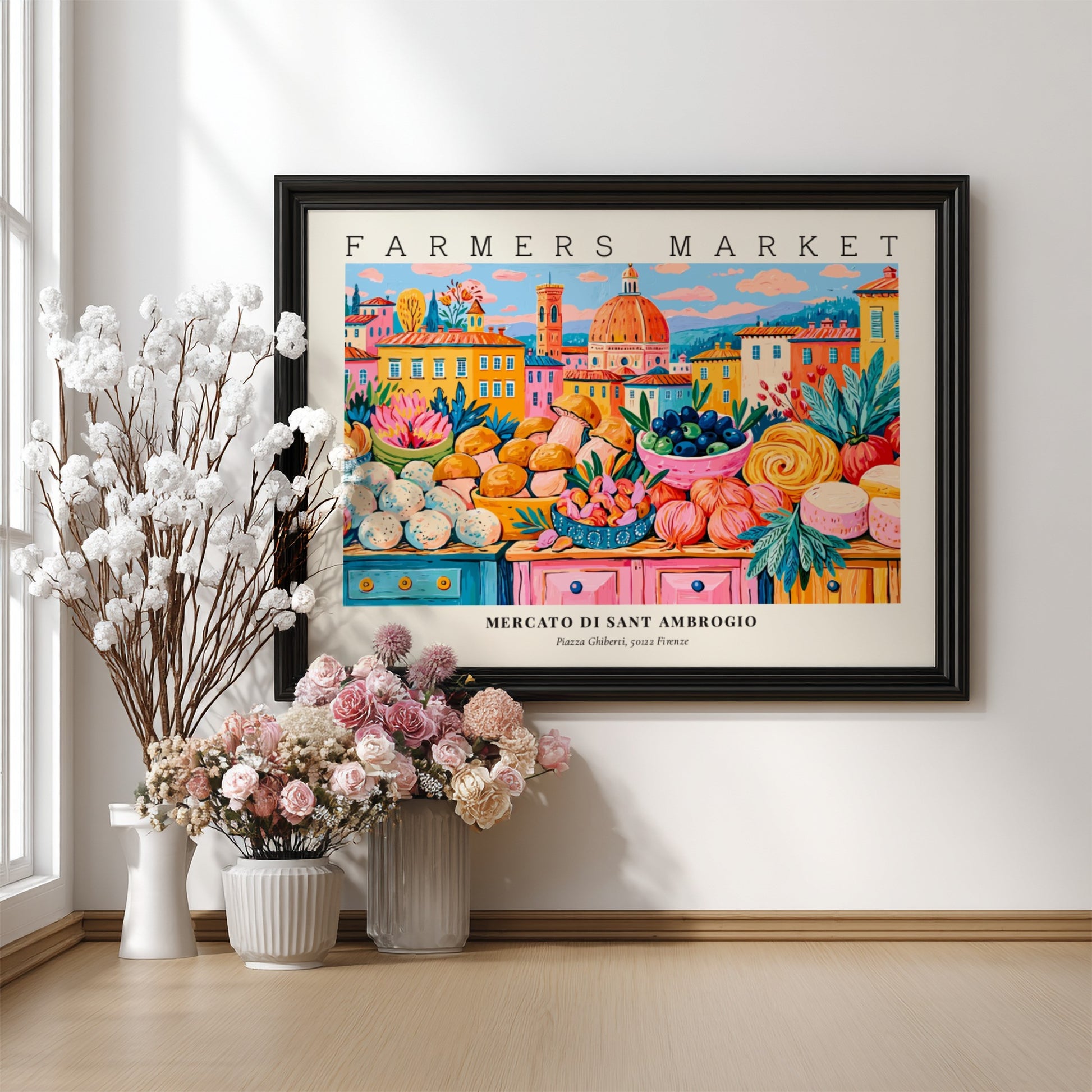 Farmers market poster showcasing colorful produce and flowers in a vibrant style, inspired by Mercato di Sant