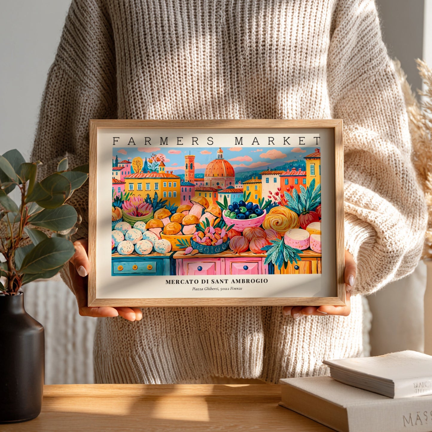 Farmers market poster showcasing colorful produce and flowers in a vibrant style, inspired by Mercato di Sant
