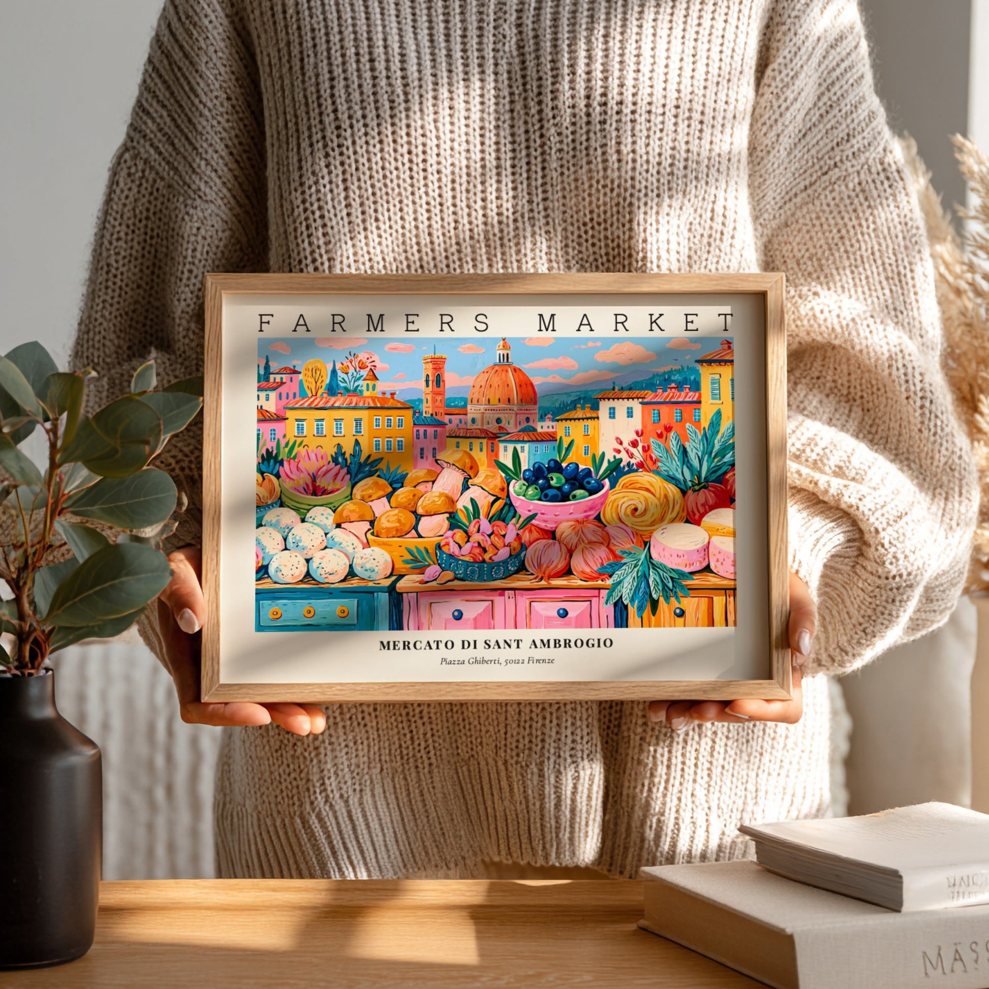 Farmers market poster showcasing colorful produce and flowers in a vibrant style, inspired by Mercato di Sant