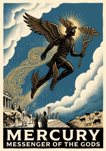 Poster featuring Mercury flying with a caduceus above ancient ruins in blue tones.